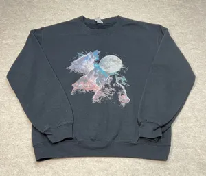 Vintage 90s Y2K Gildan Heavy Blend Howling‎ Wolves Moon Graphic Black Small thumbnail 1