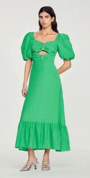 💚‎ Sandro Paris Rhinestone Cutout Green Midi Dress ✨ Puff Sleeve Glam 💚 thumbnail 1