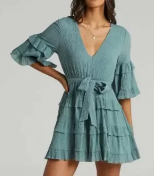 Showpo‎ Green Cotton Tiered Ruffle Mini Dress Belted V-Neck Bell Sleeve Plus 16 thumbnail 1