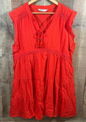 Sonoma Boho Orange Red Tiered Dress XL Tassel Tie Cotton Ruffle Sleeve Lace thumbnail 1