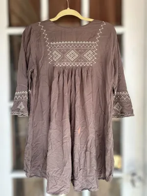 Monoreno Women's Large Brown Southwestern Embroidered Peasant Boho Tunic Top thumbnail 2
