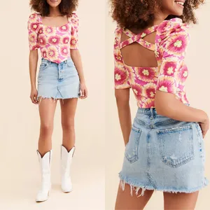 Free People | Give Me More‎ Cotton Floral Half Sleeve Crop Top in Pink | Medium thumbnail 2