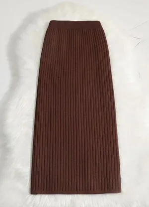 NEW Brown Ribbed Sweater Pencil Knit High Waist Winter Midi Skirts M thumbnail 2