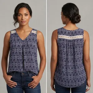 Papermoon Navy Blue White Geometric Print Lace Inset Sleeveless XS V-Neck Shirt thumbnail 2