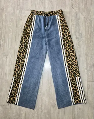 Y2K Baggy Pants Leopard-Trim Blue Joggers - Women's Medium thumbnail 1
