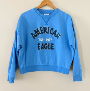 American‎ Eagle Cropped Sweatshirt Blue Graphic Logo Crewneck Pullover Size M thumbnail 1