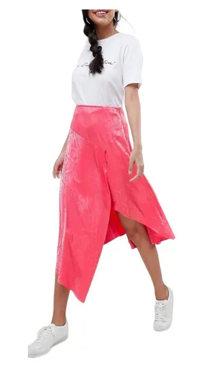 New ASOS Design Women's 6 Small Pink Asymmetrical Hem Midi A Line Skirt Snake‎ thumbnail 1
