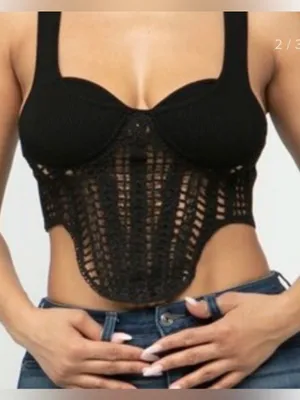 Hera Collection Black Crochet Corset Style Crop Top - L - Festival Going Out Top thumbnail 1