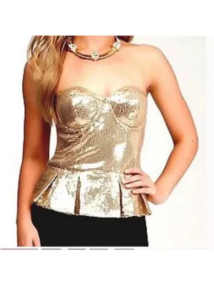 Bebe Uptown‎ Sequin Peplum Bustier Top Gold Size Small NWT thumbnail 7