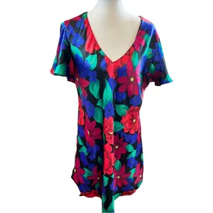 Barbizon Vintage Floral V-Neck Mini Dress Satiny‎ Short Sleeve Large thumbnail 10