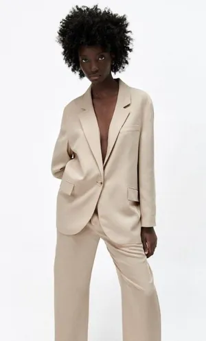 ZARA NEW Women's Size Beige One-Buttoned Long Sleeve Oversized Blazer Jacket Tan thumbnail 3