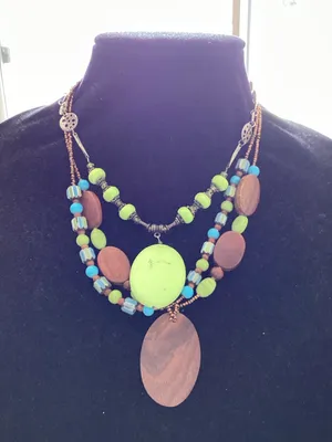Two-Strand Green and Brown Beaded stone glass wooden necklaces thumbnail 1