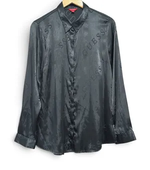 Vintage Guess Los Angeles Black Satin Logo Jacquard Button Down Shirt Large thumbnail 1