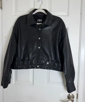 ZARA Black Faux Leather Snap-Front‎ Cropped Jacket Oversized thumbnail 1