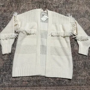 NWT Aerie Real Good Fringe Open Front Cardigan Sweater Cream White S thumbnail 1