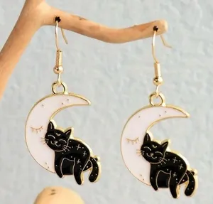The Moon Exquisite Enamel Black Cat Design Dangle Earrings thumbnail 1