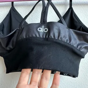 Alo Yoga Lavish Bra Bralette Strapped Mesh Band Glossy Black Lurex Shine Size XS thumbnail 5