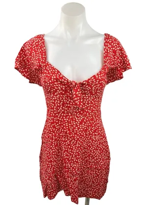 Zara Red Floral Sweetheart Neck Flutter Sleeve Bow Smocked Back Mini Dress Sz S thumbnail 1