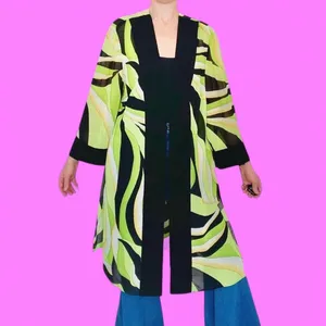 Vintage Green Black Abstract Edgy Art Open Long Sheer Cardigan thumbnail 2