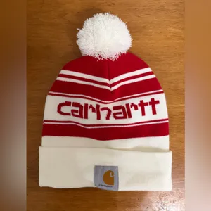 CARHARTT Pom Pom spell out beanie red and‎ white NWOT thumbnail 2