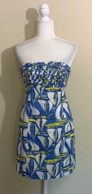 Lilly Pulitzer Blue White Sailboat‎ Strapless Dress thumbnail 1