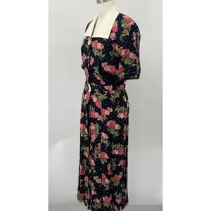 Vintage 80s Floral Shirtdress Button Down Belted Maxi Union Made Black Pink XS thumbnail 5