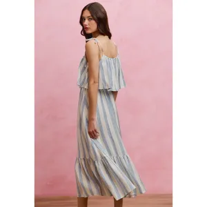 SO ME Stripe Tiered Shoulder Tie Midi Lined Dress - Medium thumbnail 2