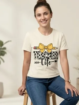 Teacher Life Graphic T-Shirt cream Round Neck Short Sleeve Cotton Tee Size M thumbnail 3