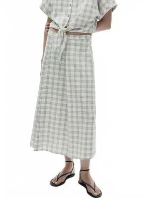 Mango Gingham Check Flared Skirt Ecru Beige Tan NWT Small thumbnail 8