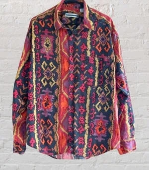 Vintage 80’s Fenn Wright & Mansons Aztec Retro Linen Button Up‎ Shirt Size 2 thumbnail 1