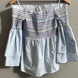 Belle + Sky Blue Off the Shoulder Peplum Top NWT Delight Blue Strip Size Small thumbnail 2
