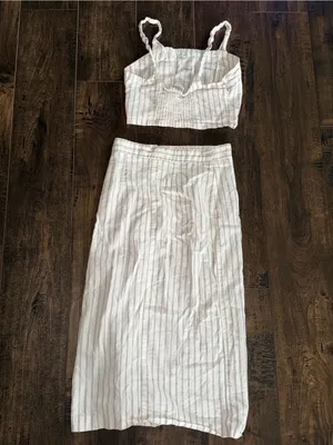 Forever 21 Ivory and Tan Striped Button Crop Tank and Midi Skirt Set thumbnail 2