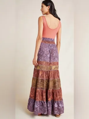 Anthropologie Colima maxi dress snakeskin print burnt orange purple tiered S thumbnail 2