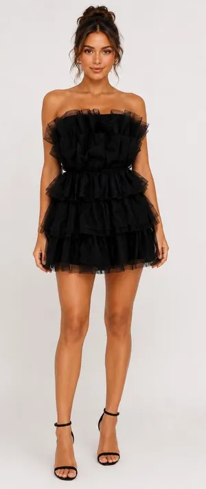 BuddyLove Powder Puff Black Tulle Ruffle Tiered‎ Strapless Mini Dress XS CG4877 thumbnail 1
