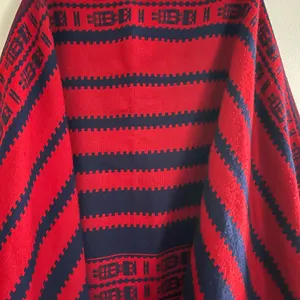Vintage Red Navy Tribal Stripe Knit Blanket Poncho Fringe OS Western Cowgirl thumbnail 3