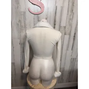 Y2K White Cropped Zip-Up Top XS Faux Fur Trim Long Sleeve Fitted thumbnail 5