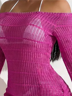 SheIn Off-Shoulder Fuchsia Knit Beach Cover-Up Dress thumbnail 3