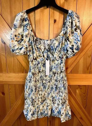 NSR Puff Sleeve Smocked Mini Dress Satin Short Ivory Blue Floral Size Small nwt thumbnail 1