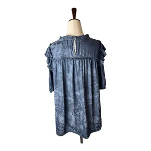 Pookie & Sebastian Shirt Women Large Blue Floral Ruffle Trim Blouse‎ Tropical thumbnail 3