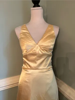 Elegant Satin V-Neck Evening Gown in Pale yellow Gold size 2 thumbnail 2