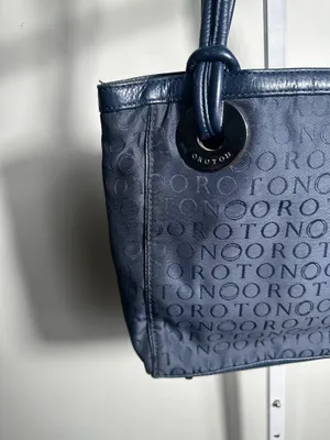 Oroton Navy Monogram Jacquard Leather Trim Shoulder Tote Bag Y2K thumbnail 4