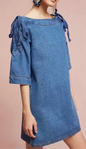 Anthropologie Maeve lace up shoulders denim dress thumbnail 1