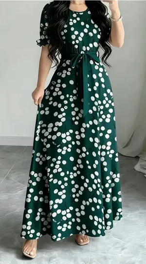 Polka Dot Maxi Dress in Dark Green with Belt thumbnail 1