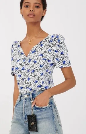 MAJE Lensam Floral Leaf Blue/White V-neck Short Puff Shoulder Blouse Size Small thumbnail 1
