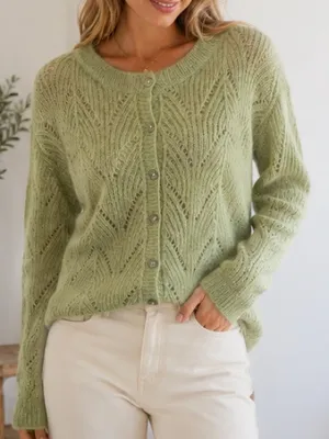 Crescent Wool Mohair Blend Saga Green Open Knit Cardigan Sweater Button Front thumbnail 1