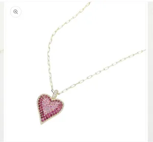 14K Gold Plated Stone Paved Heart Paperclip Chain Pendant Necklace thumbnail 2