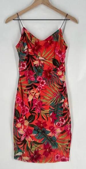 Papaya‎ Coral Green Mesh Tropical Floral Print Spaghetti Strap V-Neck Mini Dress thumbnail 1
