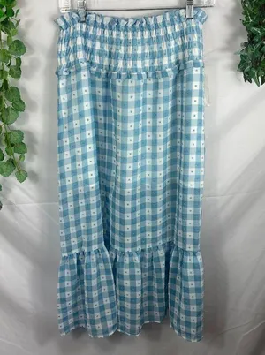 NWT Topshop Light Blue Gingham Check Midi Skirt Size 8 thumbnail 1