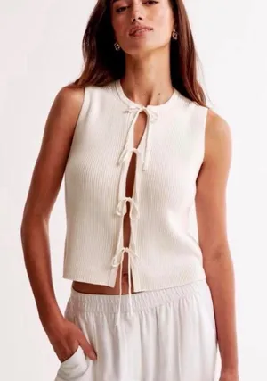 Abercrombie & Fitch Sleeveless Cream Tie-Front Ribbed Top thumbnail 1