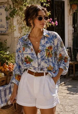Rose + Olive Fruit Toile Button Shirt Sz L Euro Summer Cottage Resort Peaches thumbnail 1